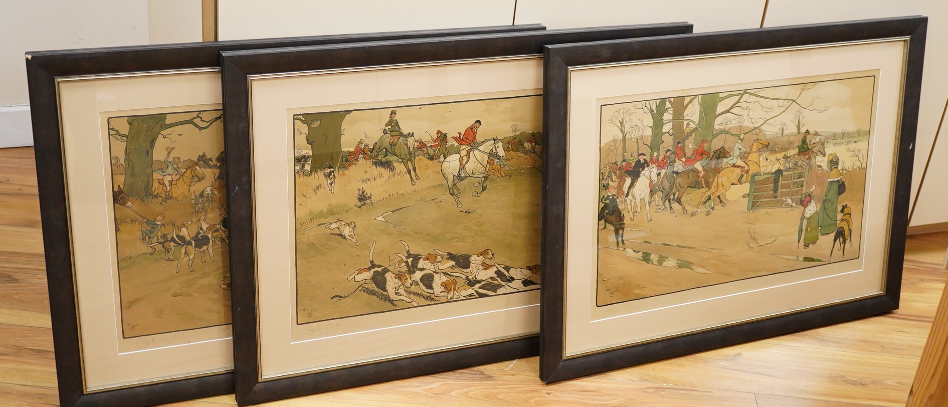Cecil Aldin (1870-1939), Three hunting interest lithographs, copyright published by Lawrence and Bullen, Covent Garden, London, each is signed in pencil to the margin, 41 x 63cm